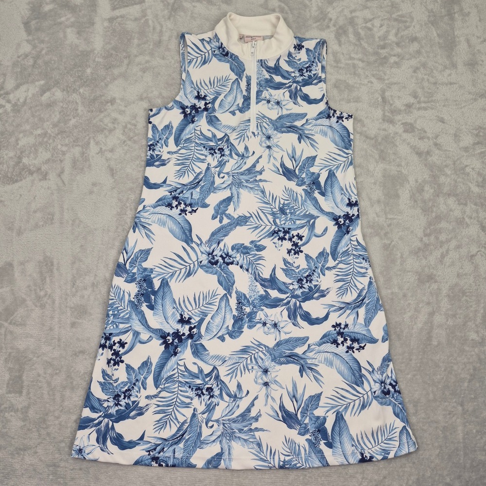Tommy Bahama Golf Sleeveless Tropical Floral 1/4 Zip Dress Women S Blue White
